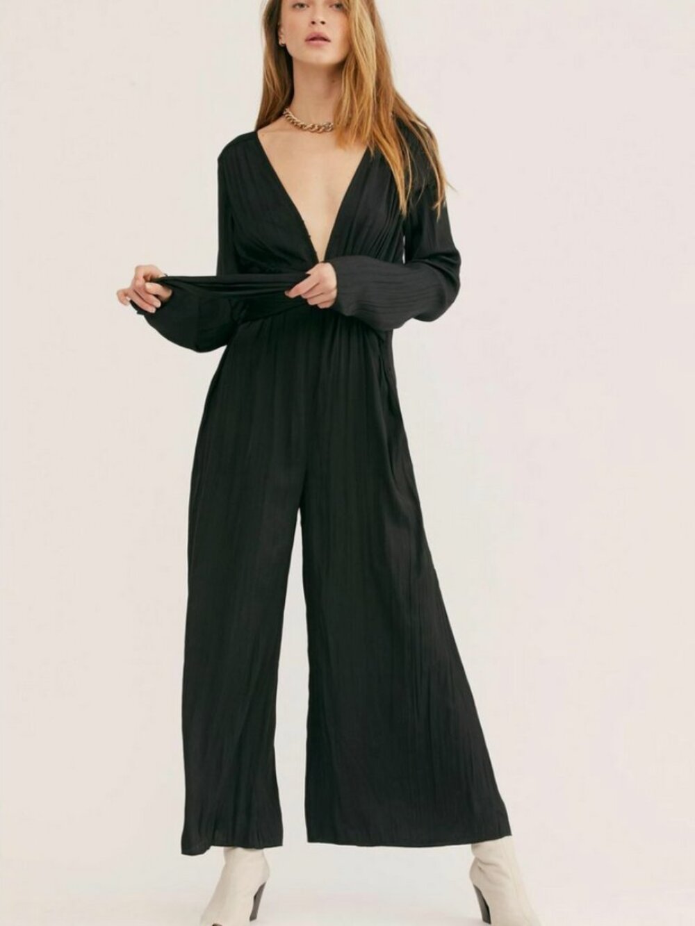NWT Free People Larina Black Flowy Silky V Neck Tie Front Jumpsuit -Size 12
